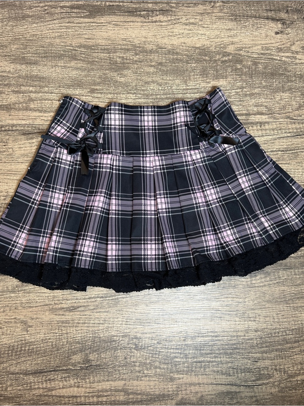 Pleated Pink & Black Plaid Mini Skirt with Lace Trim